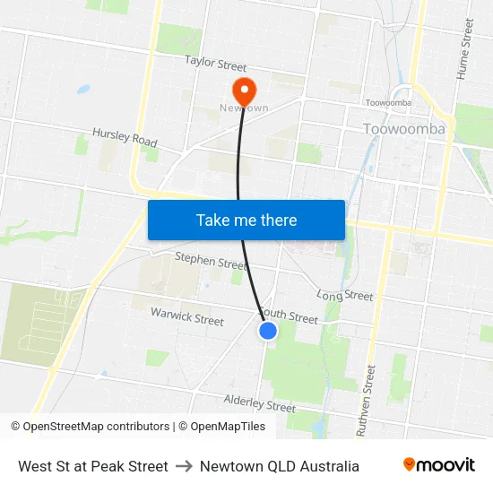 West St at Peak Street to Newtown QLD Australia map