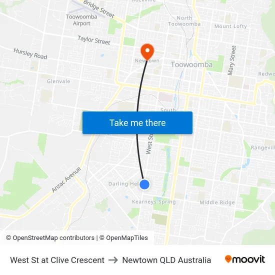West St at Clive Crescent to Newtown QLD Australia map