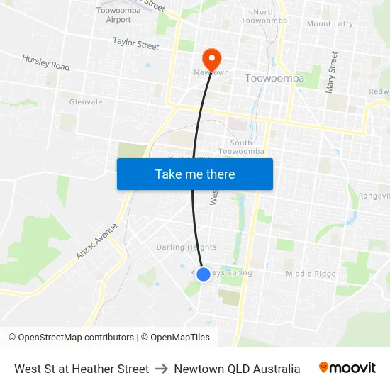 West St at Heather Street to Newtown QLD Australia map