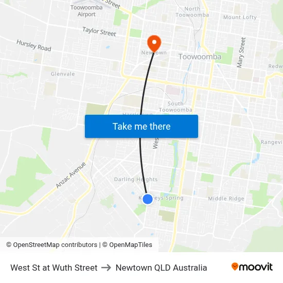West St at Wuth Street to Newtown QLD Australia map