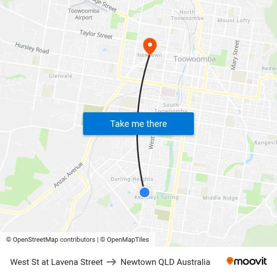 West St at Lavena Street to Newtown QLD Australia map