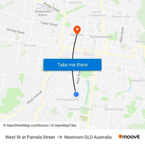 West St at Pamela Street to Newtown QLD Australia map