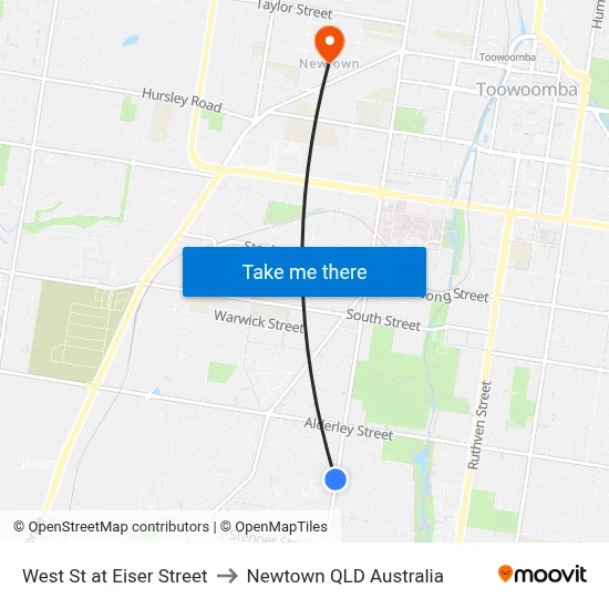 West St at Eiser Street to Newtown QLD Australia map