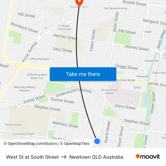 West St at South Street to Newtown QLD Australia map