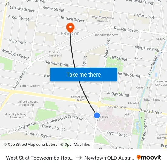 West St at Toowoomba Hospital to Newtown QLD Australia map