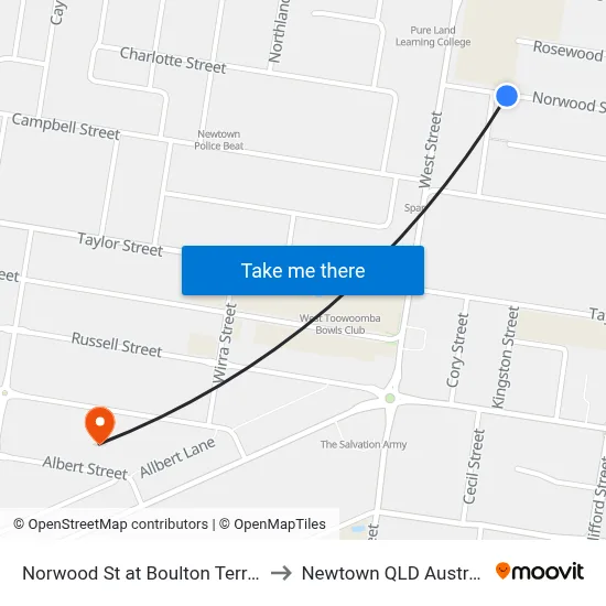 Norwood St at Boulton Terrace to Newtown QLD Australia map