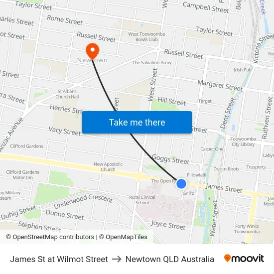 James St at Wilmot Street to Newtown QLD Australia map