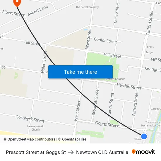 Prescott Street at Goggs St to Newtown QLD Australia map