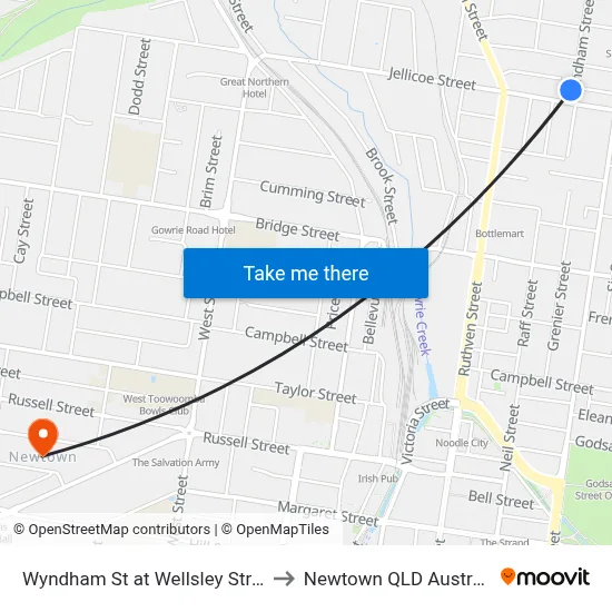 Wyndham St at Wellsley Street to Newtown QLD Australia map