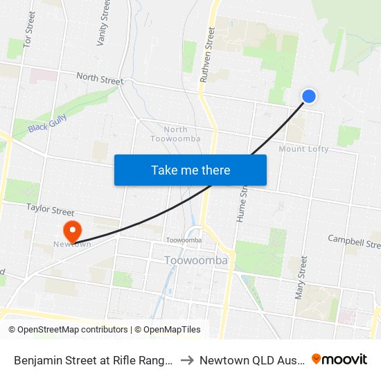 Benjamin Street at Rifle Range Road to Newtown QLD Australia map