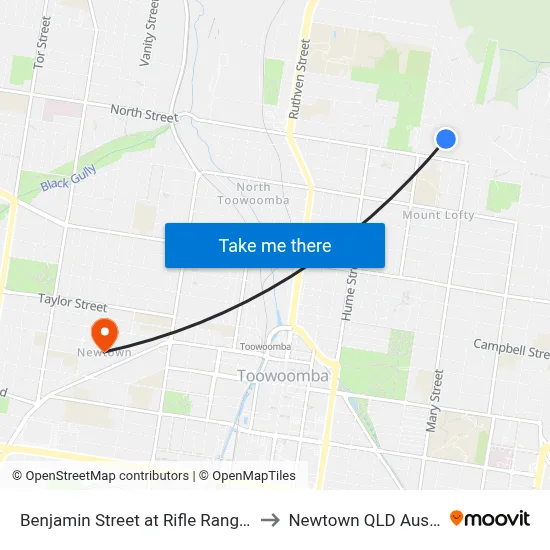 Benjamin Street at Rifle Range Road to Newtown QLD Australia map