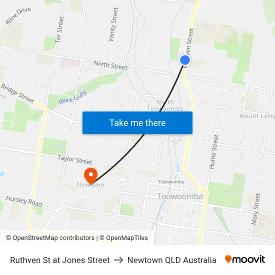 Ruthven St at Jones Street to Newtown QLD Australia map