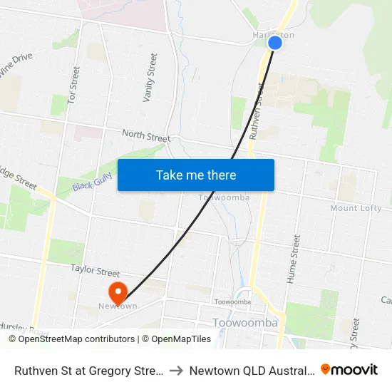 Ruthven St at Gregory Street to Newtown QLD Australia map