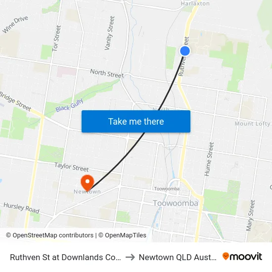 Ruthven St at Downlands College to Newtown QLD Australia map