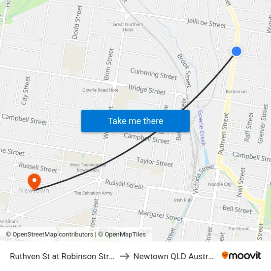 Ruthven St at Robinson Street to Newtown QLD Australia map