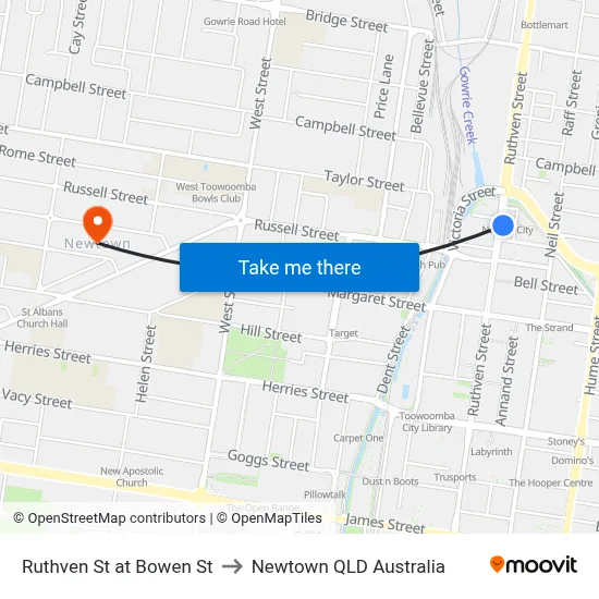 Ruthven St at Bowen St to Newtown QLD Australia map
