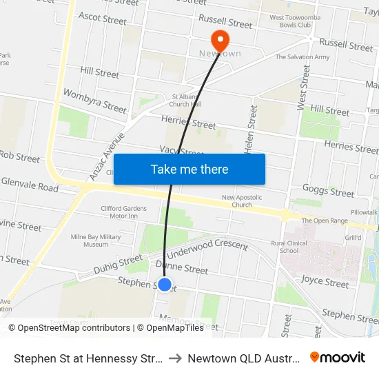 Stephen St at Hennessy Street to Newtown QLD Australia map