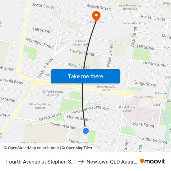 Fourth Avenue at Stephen Street to Newtown QLD Australia map