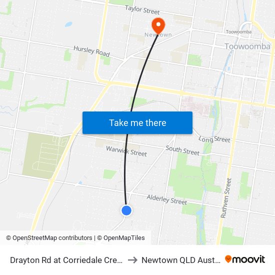 Drayton Rd at Corriedale Crescent to Newtown QLD Australia map