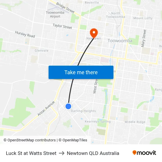 Luck St at Watts Street to Newtown QLD Australia map