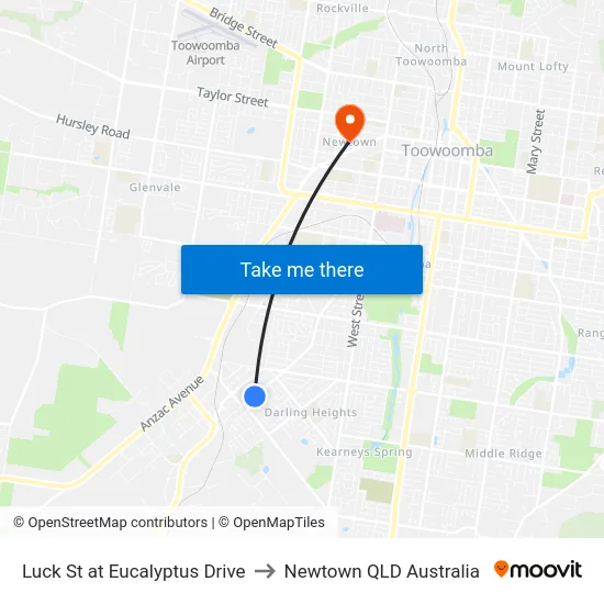 Luck St at Eucalyptus Drive to Newtown QLD Australia map