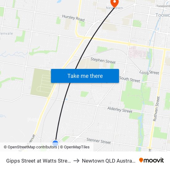 Gipps Street at Watts Street to Newtown QLD Australia map