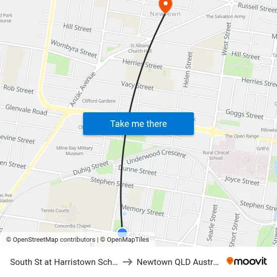 South St at Harristown School to Newtown QLD Australia map