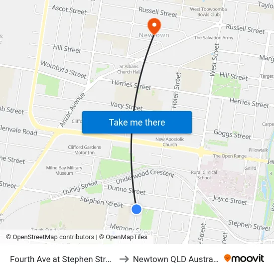 Fourth Ave at Stephen Street to Newtown QLD Australia map