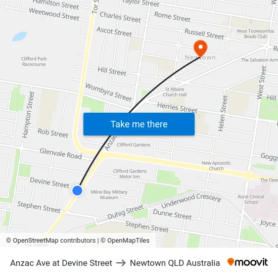 Anzac Ave at Devine Street to Newtown QLD Australia map