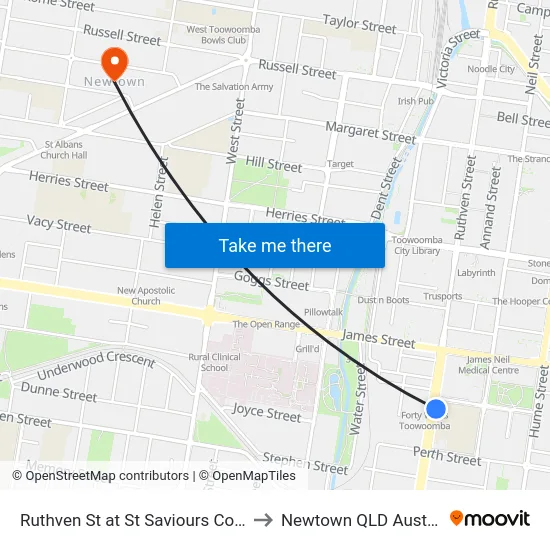 Ruthven St at St Saviours College to Newtown QLD Australia map