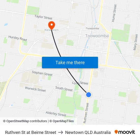 Ruthven St at Beirne Street to Newtown QLD Australia map