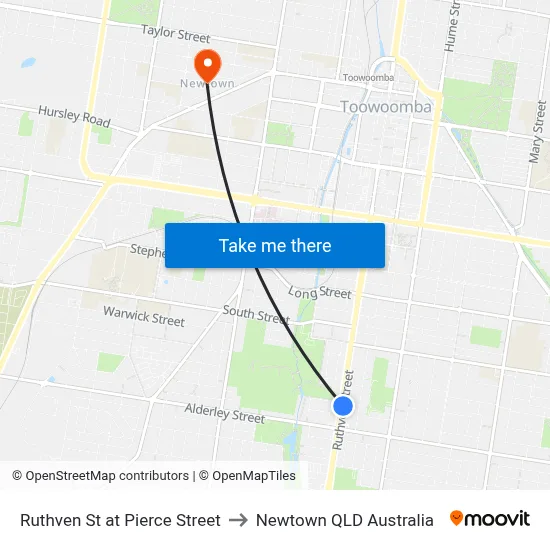 Ruthven St at Pierce Street to Newtown QLD Australia map