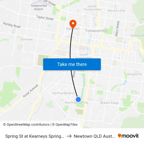 Spring St at Kearneys Spring Park to Newtown QLD Australia map