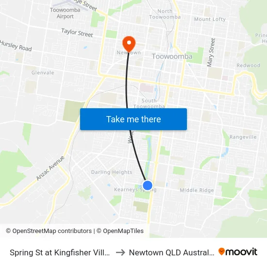 Spring St at Kingfisher Villas to Newtown QLD Australia map