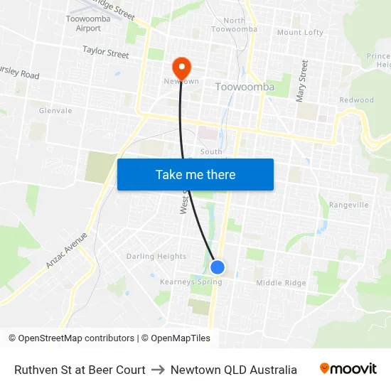 Ruthven St at Beer Court to Newtown QLD Australia map
