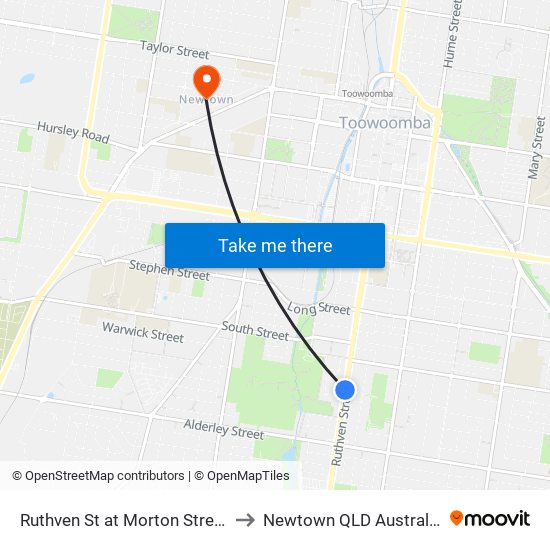 Ruthven St at Morton Street to Newtown QLD Australia map