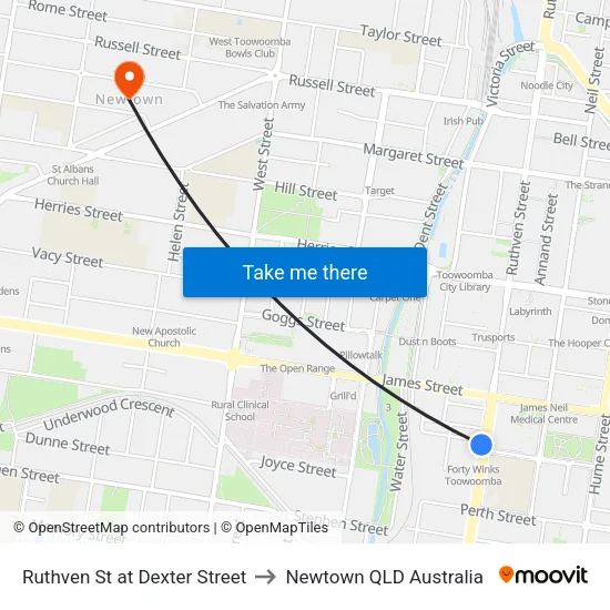 Ruthven St at Dexter Street to Newtown QLD Australia map