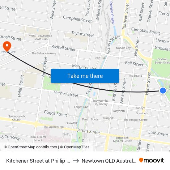 Kitchener Street at Phillip St to Newtown QLD Australia map