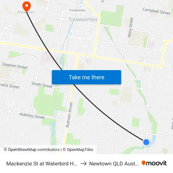 Mackenzie St at Waterbird Habitat to Newtown QLD Australia map