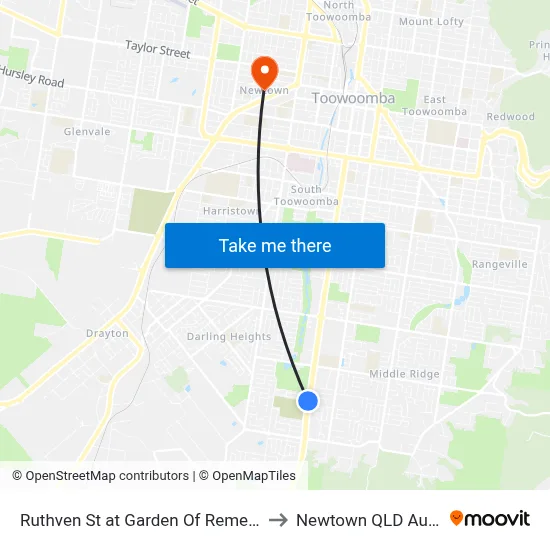 Ruthven St at Garden Of Remembrance to Newtown QLD Australia map