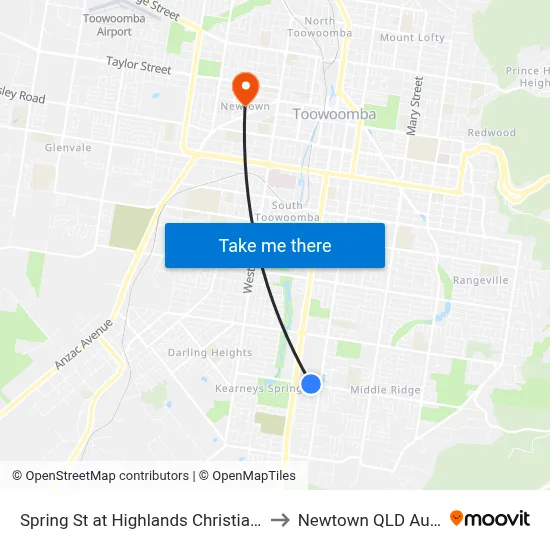 Spring St at Highlands Christian College to Newtown QLD Australia map