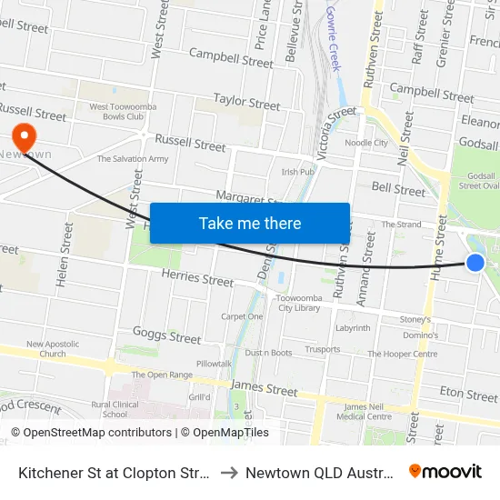 Kitchener St at Clopton Street to Newtown QLD Australia map