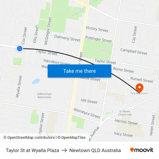 Taylor St at Wyalla Plaza to Newtown QLD Australia map