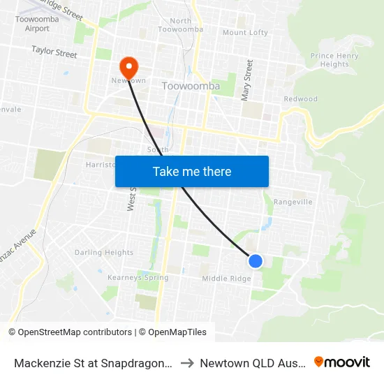 Mackenzie St at Snapdragon Street to Newtown QLD Australia map