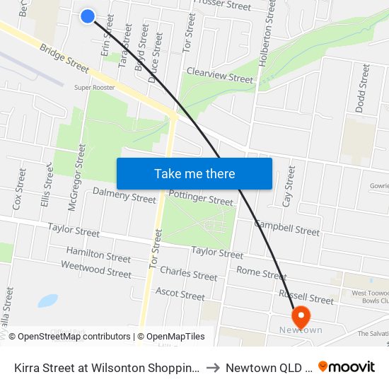 Kirra Street at Wilsonton Shopping Centre (Stop B) to Newtown QLD Australia map