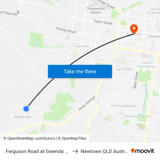 Ferguson Road at Gwenda Drive to Newtown QLD Australia map