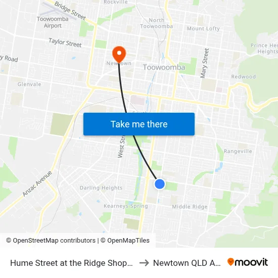 Hume Street at the Ridge Shopping Centre to Newtown QLD Australia map