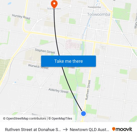 Ruthven Street at Donahue Street to Newtown QLD Australia map