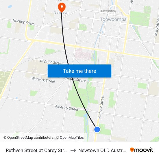 Ruthven Street at Carey Street to Newtown QLD Australia map