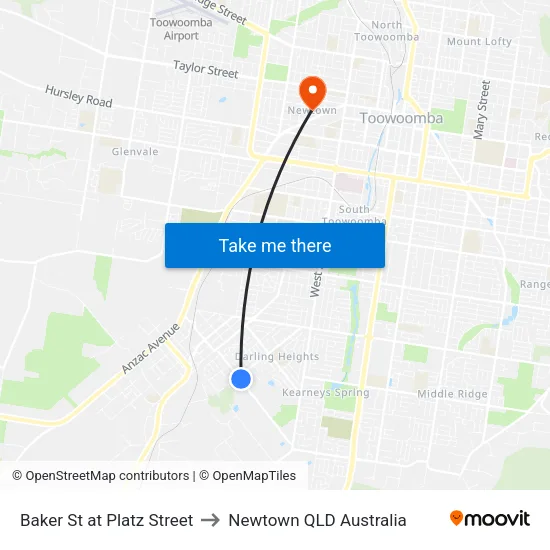 Baker St at Platz Street to Newtown QLD Australia map